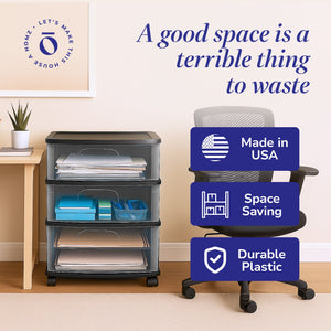 Homz Tall Solid Plastic 3 Drawer Medium Storage Cart with Caster Wheels, Black