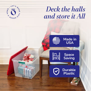 Homz 64 Qt Secure Latch Clear Plastic Storage Container Bin w/ Red Lid, 4 Pack