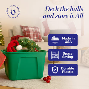 HOMZ 18 Gallon Heavy Duty Plastic Holiday Storage Totes, Green/Red (4 Pack)