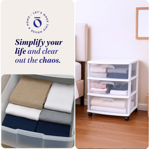 Homz Plastic 3 Clear Drawer Small Rolling Storage Container Tower, White Frame