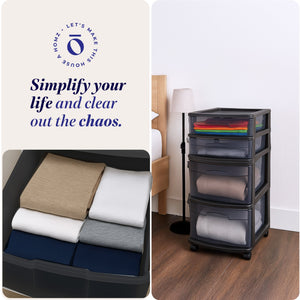 Homz Tall Solid Plastic 4 Drawer Medium Storage Cart with Caster Wheels, Black