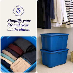 Homz 32 Gallon Standard Plastic Storage Container with Secure Lid, Blue, 2 Pack