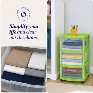 Homz Plastic 3 Drawer Medium Storage Container Tower, Clear Drawers/Lime Frame