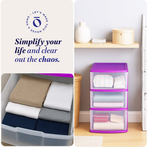 Homz Plastic 3 Drawer Medium Storage Container Tower, Clear Drawers/Purple Frame