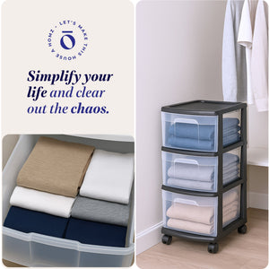 Homz Plastic 3 Drawer Medium Home Storage Container, Clear Drawers & Black Frame