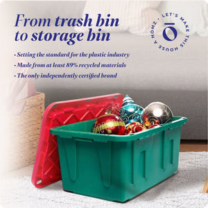 HOMZ Durabilt 27 Gallon Heavy Duty Holiday Storage Tote, Green/Red (2 Pack)