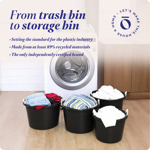 Homz 17 Gal Plastic Open Storage Round Utility Tub with Handles, Black (3 Pack)