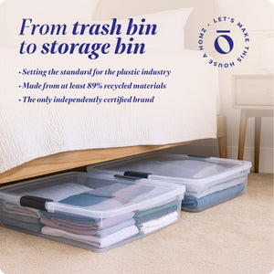 Homz 56 Qt Full/Queen Underbed Clear Plastic Latching Storage Container, 2 Pack