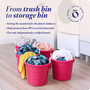 Homz Plastic 18 Gallon Utility Bucket Tub Container with Handles, Pink (6 Pack)