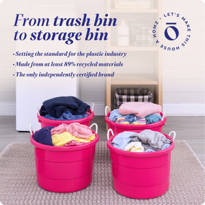 Homz Plastic 18 Gallon Utility Bucket Tub Container with Handles, Pink (2 Pack)