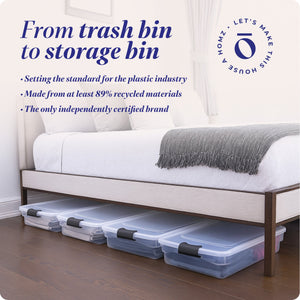 HOMZ 60 Qt Latching Lid & Easy Grip Underbed Storage Container, Clear (4 Pack)