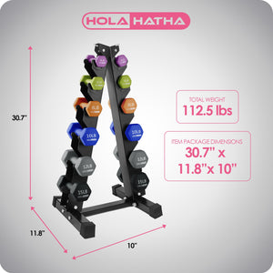 HolaHatha 3, 5, 8, 10, 12 & 15 Pound Neoprene Hex Dumbbell Weight & Storage Rack