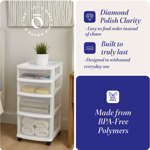 Homz Clear Plastic 4 Drawer Medium Storage Container Tower, White Frame (2 Pack)