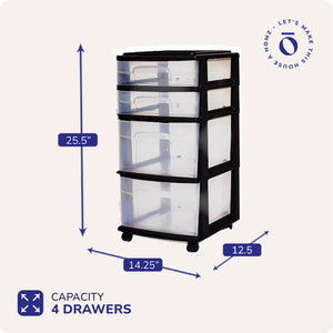Homz Plastic 4 Drawer Medium Home Storage Container, Clear Drawers & Black Frame