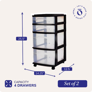 Homz Plastic 4 Drawer Medium Storage Tower, Clear Drawers & Black Frame (2 Pack)