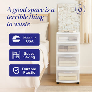 Homz Clear Plastic 4 Drawer Medium Home Storage Container Tower, White Frame