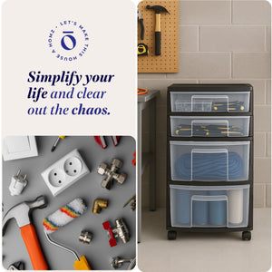 Homz Plastic 4 Drawer Medium Home Storage Container, Clear Drawers & Black Frame