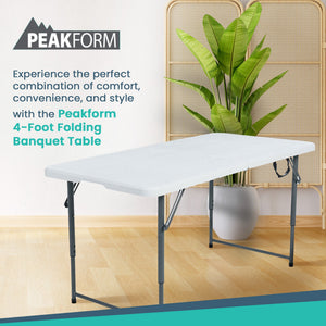 Peakform Compact Fold In Half Banquet Table for Indoor Outdoor Use, 4 Ft, White