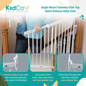 KidCo Angle Mount Safeway Stair Top Quick Release Baby Gate, 42.5x30.5 In, White