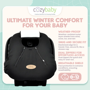 CozyBaby Infant Car Seat Travel Cover with Dual Zippers and Elastic Edge, Black