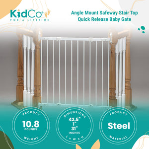 KidCo Angle Mount Safeway Stair Top Quick Release Baby Gate, 42.5x30.5 In, White