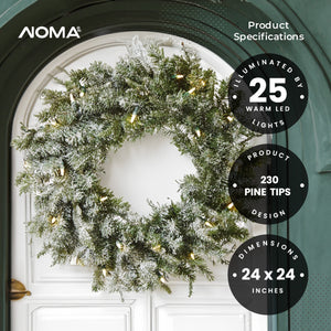 NOMA 24" Pre-Lit Flocked Frosted Fir Christmas Wreath with 25 Warm White Lights