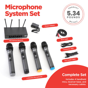 Pyle Wireless Microphone System Set w/ Bluetooth Receiver Base & 4 Handheld Mics