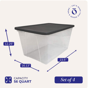 Homz 56 Qt Stackable Plastic Storage Container w/Snaplock Lid, Gray (4 Pack)