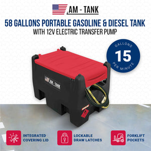 AM-TANK 58 Gallon Gasoline & Diesel Fuel Tank with 12 Volt Pump and Covering Lid