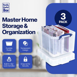 Really Useful Box 35 Liters Transparent Storage Container with Snap Lid, 3 Pack