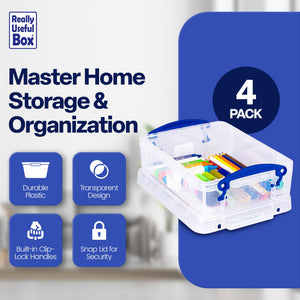 Really Useful Box 1.75L Storage Bin w/Snap Lid & Clip Lock Handle, (4 Pack)