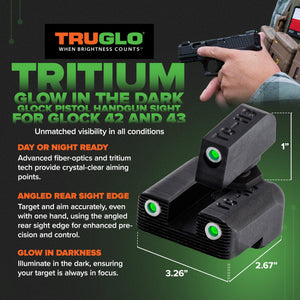 TruGlo Tritium Glow in the Dark Glock Pistol Handgun Sight Set, Glock 42 and 43