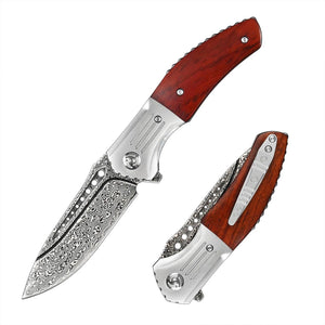 Ironbark Japanese Pocket Knife With VG-10 Damascus & Exotic Red Sandalwood Handle, Clip & Sheath - TRAPSKI