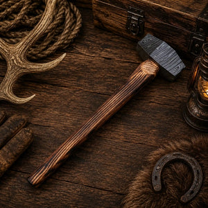 Ironcrest Damascus Rounding Hammer – Hand-Forged Ash Wood Handle