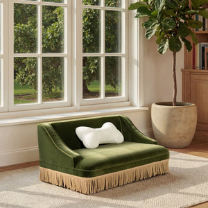 Olive Green Velvet Princess Pet Bed Sofa with Fringe Skirt - Medium