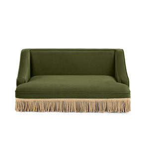 Olive Green Velvet Princess Pet Bed Sofa with Fringe Skirt - Medium