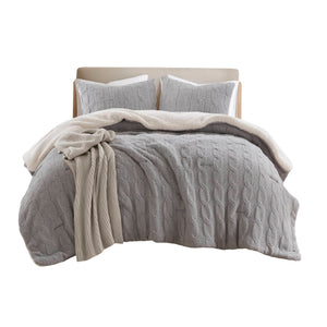 3 Pieces Full/Queen Cable Knit Chenille Comforter Set Gray