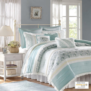 9 Piece Cotton Percale Comforter Set with Decorative Pillows - Aqua