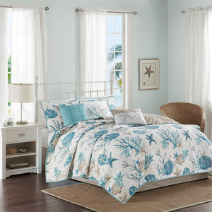 Aqua Cotton Sateen Quilt Set with Coastal Motifs - 6 Piece Full/Queen