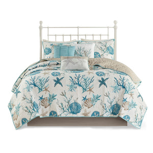 Aqua Cotton Sateen Quilt Set with Coastal Motifs - 6 Piece Full/Queen