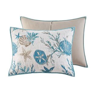 Aqua Cotton Sateen Quilt Set with Coastal Motifs - 6 Piece Full/Queen