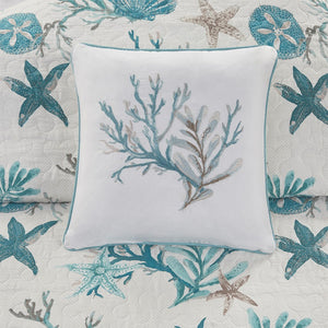 Aqua Cotton Sateen Quilt Set with Coastal Motifs - 6 Piece Full/Queen