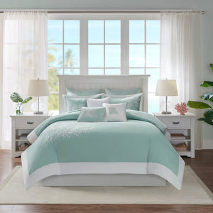 Aqua Duvet Cover Mini Set with White Coral Embroidery - King/Cal King