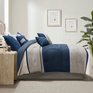 Blue Faux Suede 7 Piece Comforter Set with Coordinated Pillows - California King
