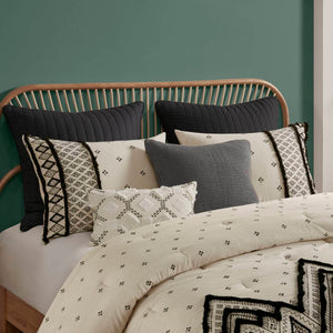 Cotton and Flax Linen Blend Comforter Set with Chenille Trim - Natural & Black