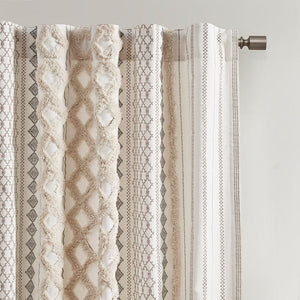 Cotton Printed Curtain Panel with Chenille Stripe and Lining Ivory 50x84