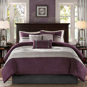 Faux Suede 7 Piece Queen Comforter Set with Embroidered Pillows - Purple