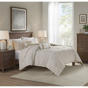 Full/Queen 3 Piece Cotton Yarn Dyed Comforter Set with Tufted Embroidery - Taupe