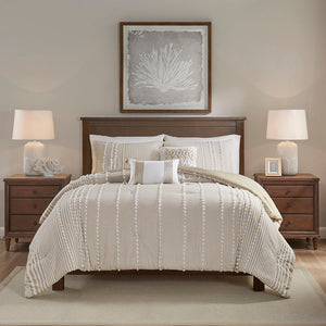 Full/Queen 3 Piece Cotton Yarn Dyed Comforter Set with Tufted Embroidery - Taupe