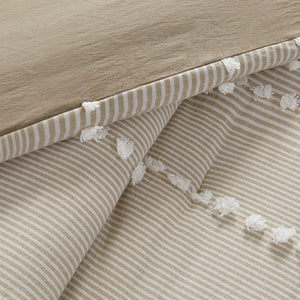Full/Queen 3 Piece Cotton Yarn Dyed Comforter Set with Tufted Embroidery - Taupe